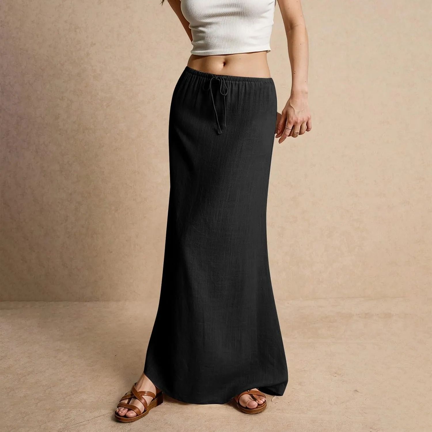 Women's High Waist Linen A-Line Maxi Skirt - Flowy Summer Skirts with Pockets, Casual & Trendy