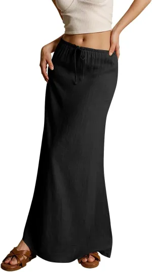 Women's High Waist Linen A-Line Maxi Skirt - Flowy Summer Skirts with Pockets, Casual & Trendy