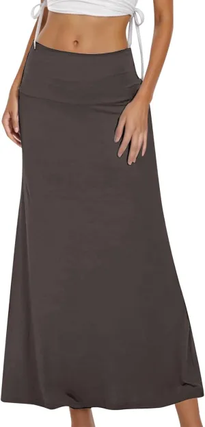 Women's High Waisted Maxi Skirt Stretchy Ribbed Flare Split Side Comfy Lightweight Foldover Waist Summer Casual