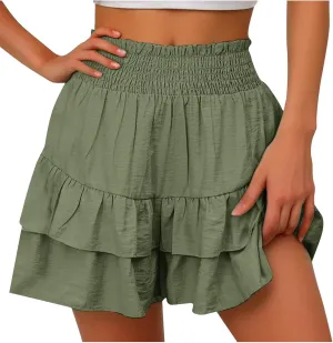 Women's High Waisted Ruffle Shorts Floral Pleated Hem Workout Shorts Baggy Summer Casual Cute Beach Shorts