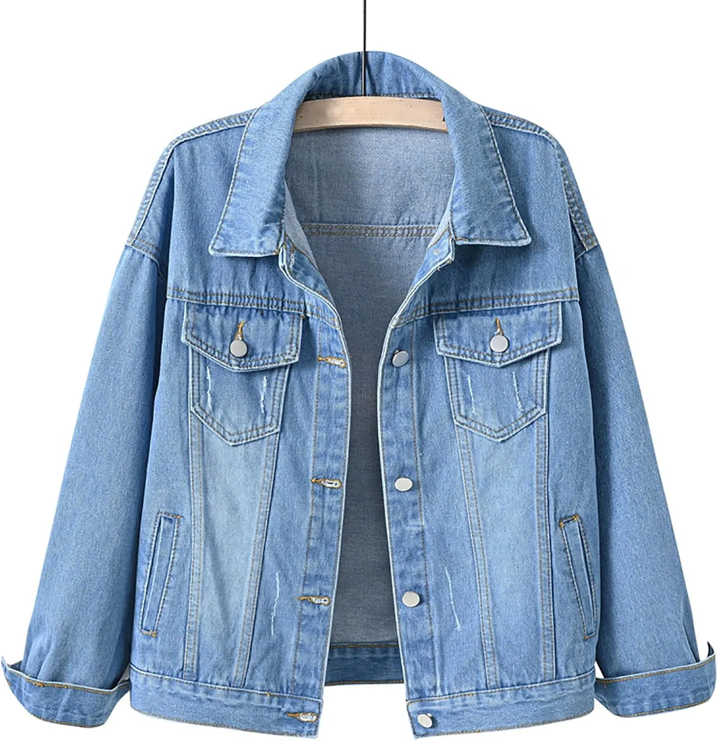 Womens Hooded Denim Jacket Layered Drawstring Casual Hoodie Long Sleeve Jean Jacket Vintage Stretch Cropped Jackets
