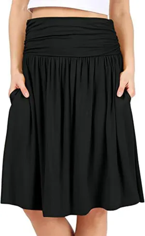 Womens Knee Length Skirts Summer Casual Pleated Flowy Skirt High Waist Solid Color Mini Skirts