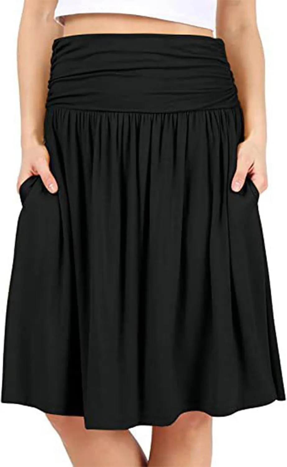 Womens Knee Length Skirts Summer Casual Pleated Flowy Skirt High Waist Solid Color Mini Skirts