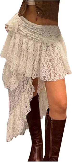 Womens Lace Maxi Skirt for Summer Vacation High Low Asymmetrical Sheer Trendy Y2K Sexy Beach Cover-Up Long Skirts