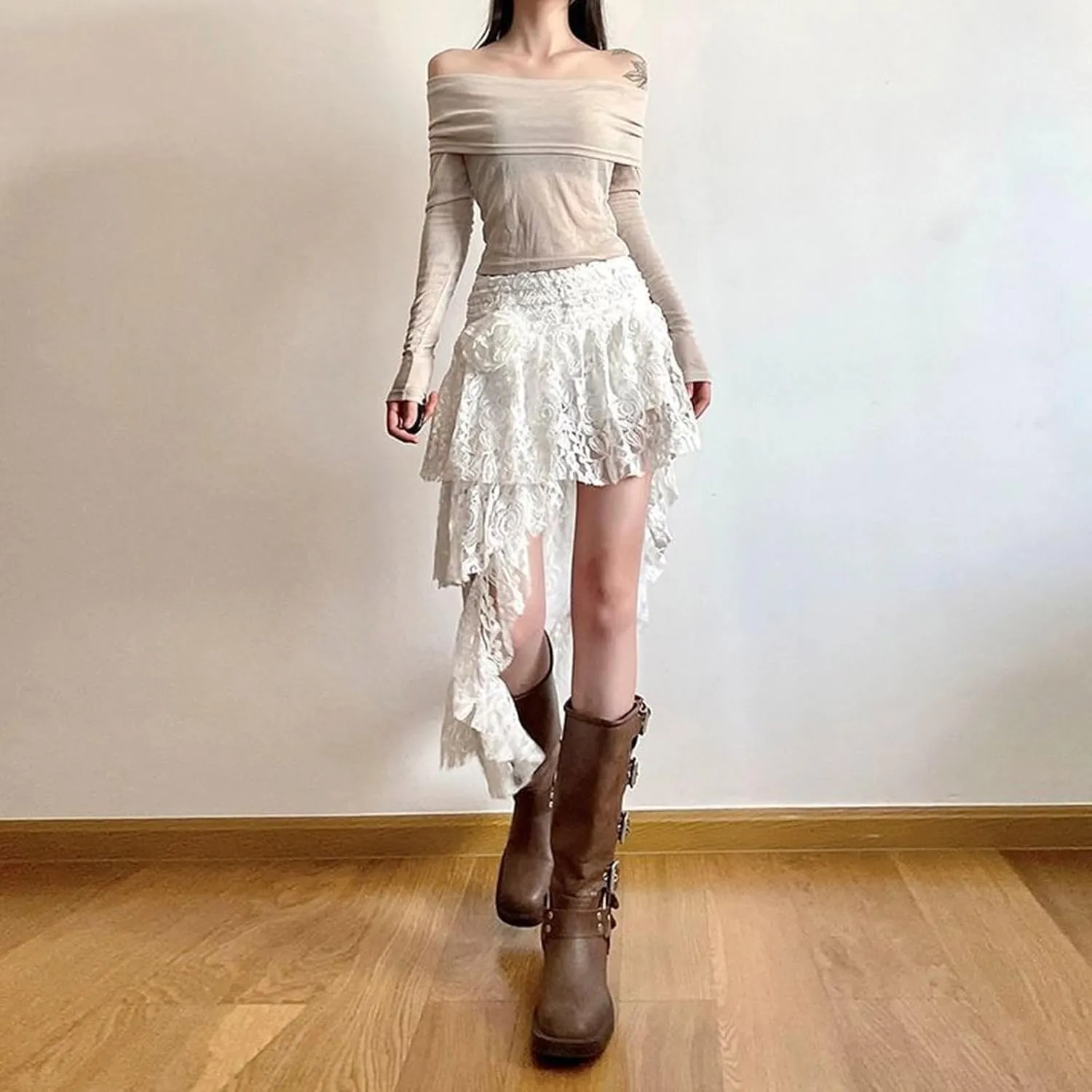 Womens Lace Maxi Skirt for Summer Vacation High Low Asymmetrical Sheer Trendy Y2K Sexy Beach Cover-Up Long Skirts