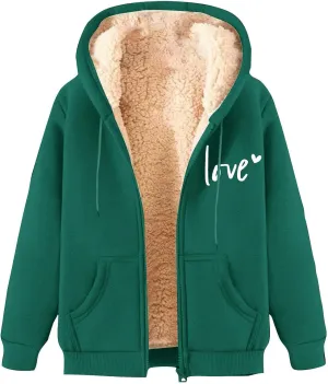 Womens Lamb Fleece Zip Up Hoodie Trendy Letter Printted Thick Thermal Jacket Long Sleeve Going Out Y2K Athletic Coats