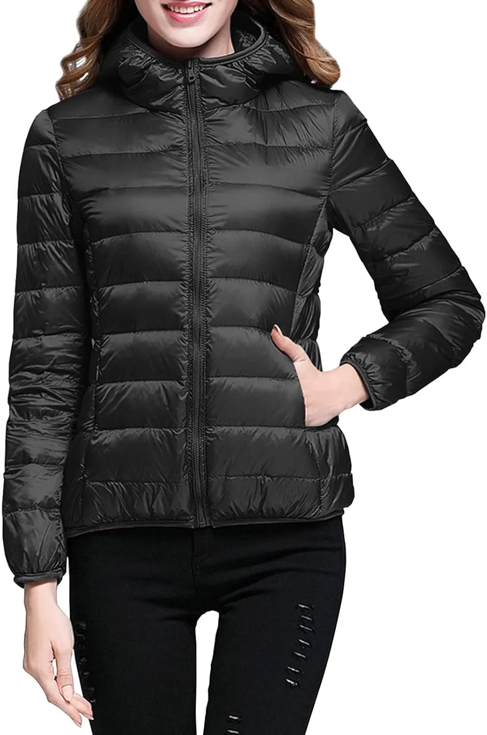 Women's Lightweight Jackets Zipper Hooded Packable Short Down Jackets Winter Quilted Puffer Outwear with Pockets