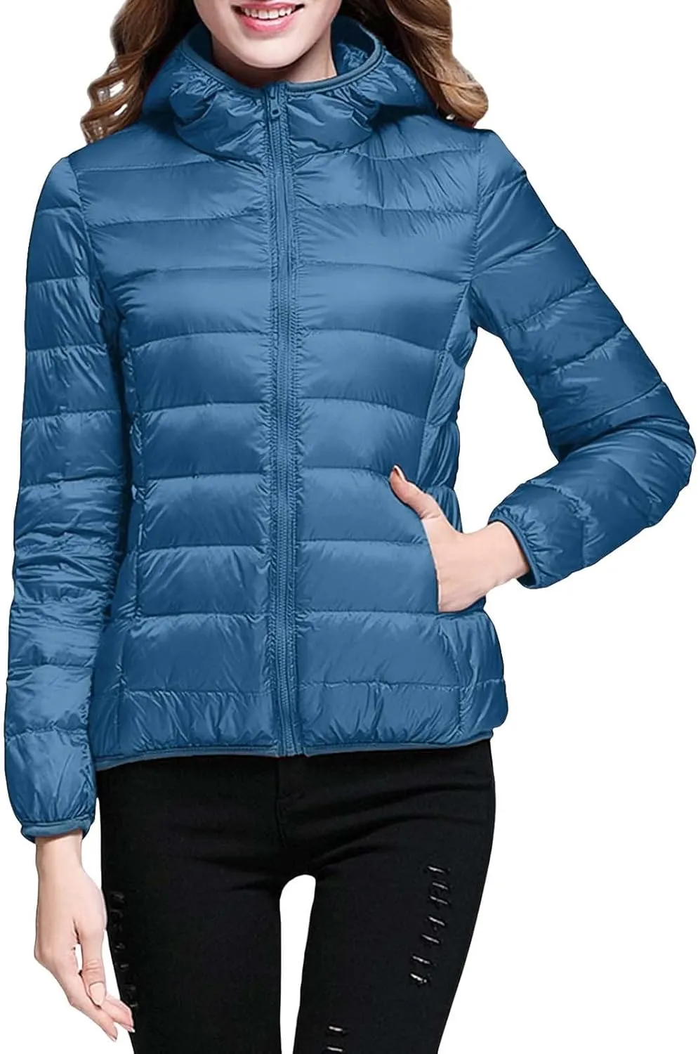 Women's Lightweight Puffer Jacket with Hood Pockets Quilted Padded Full-zip Winter Coat