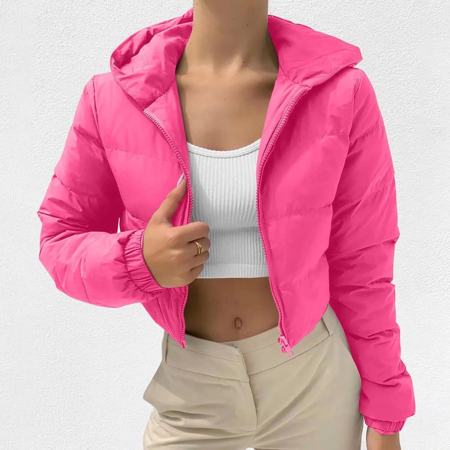 Women's Lightweight Quilted Jackets Winter Long Sleeve Cropped Puffer Down Jackets Fashion Short Hooded Padded Coats
