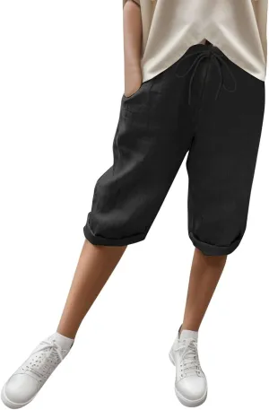 Women's Linen Capris 2025 Summer Casual Plus Size Pants Elastic High Waisted Drawstring Rolled Hem Shorts with Pockets