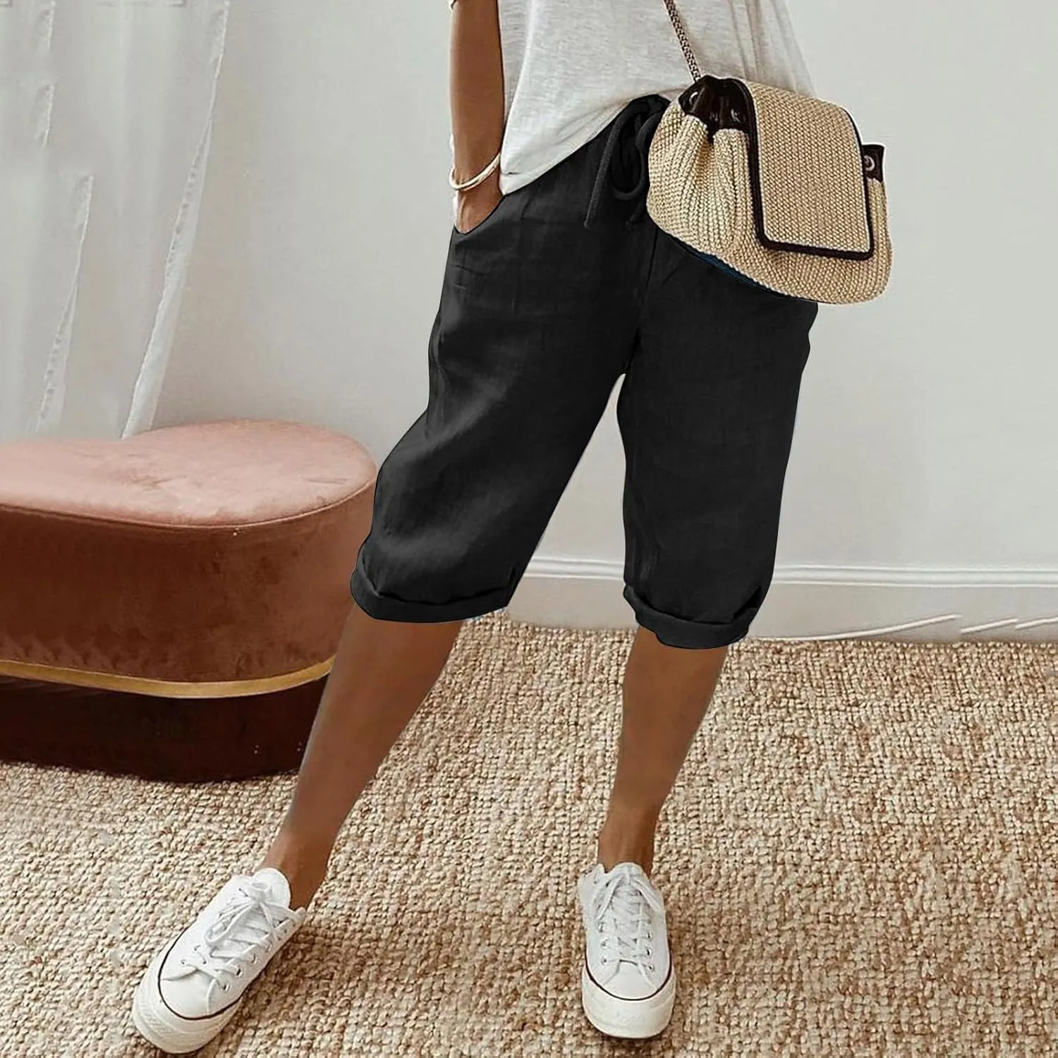 Women's Linen Capris 2025 Summer Casual Plus Size Pants Elastic High Waisted Drawstring Rolled Hem Shorts with Pockets