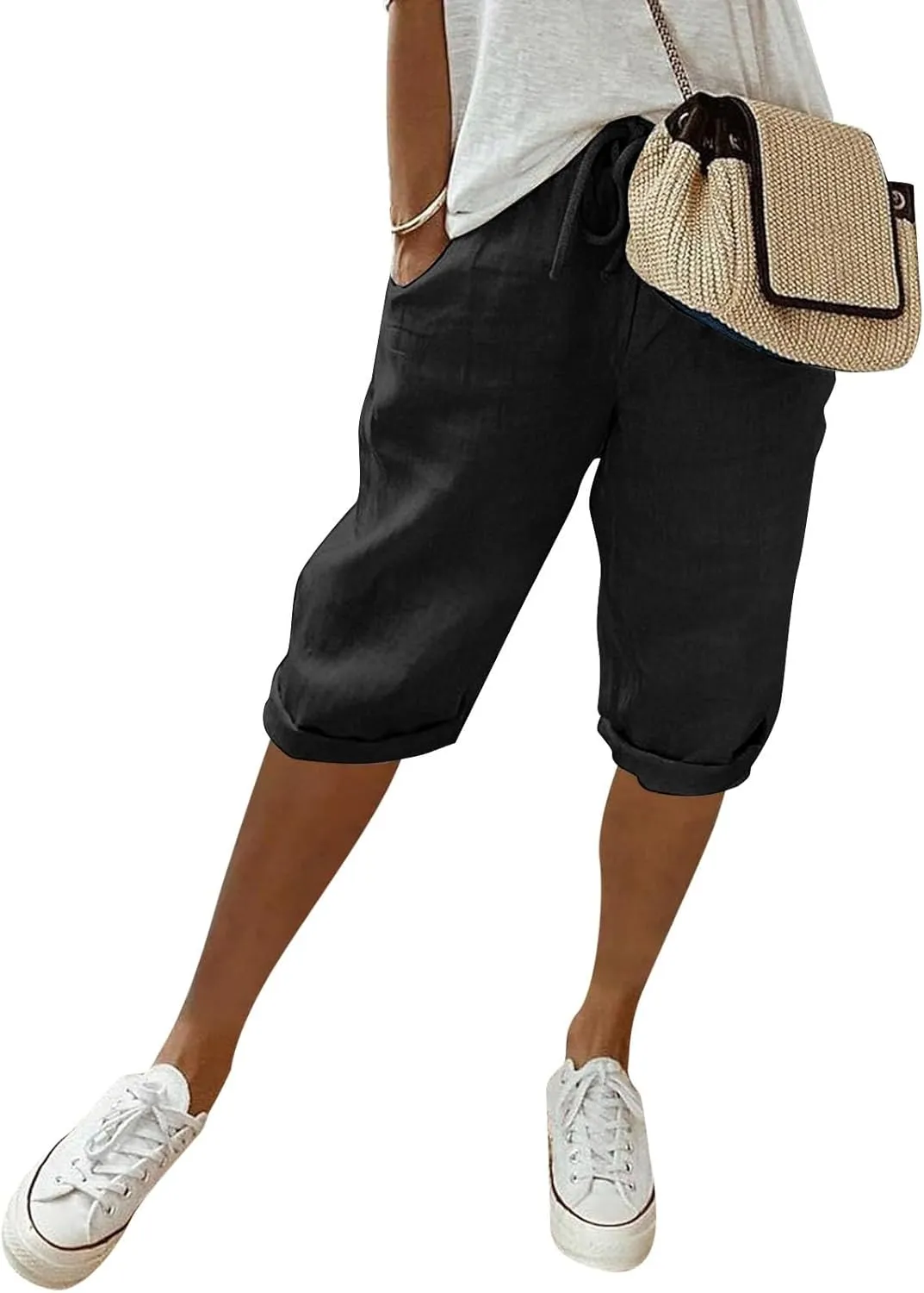 Women's Linen Capris 2025 Summer Casual Plus Size Pants Elastic High Waisted Drawstring Rolled Hem Shorts with Pockets