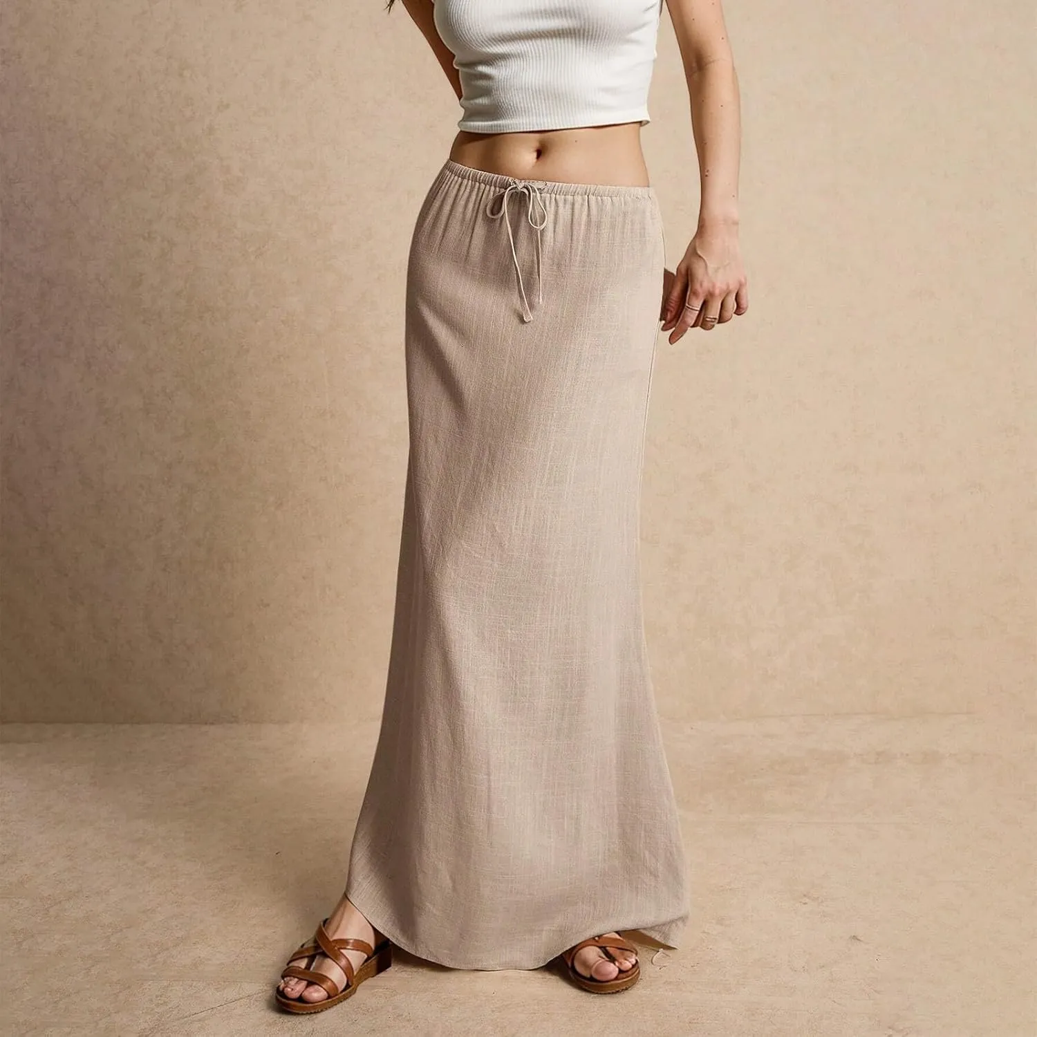 Womens Linen Maxi Skirt Elastic High Waist Swing Tiered A-line Flowy Pleated Beach Vacation Long Skirts