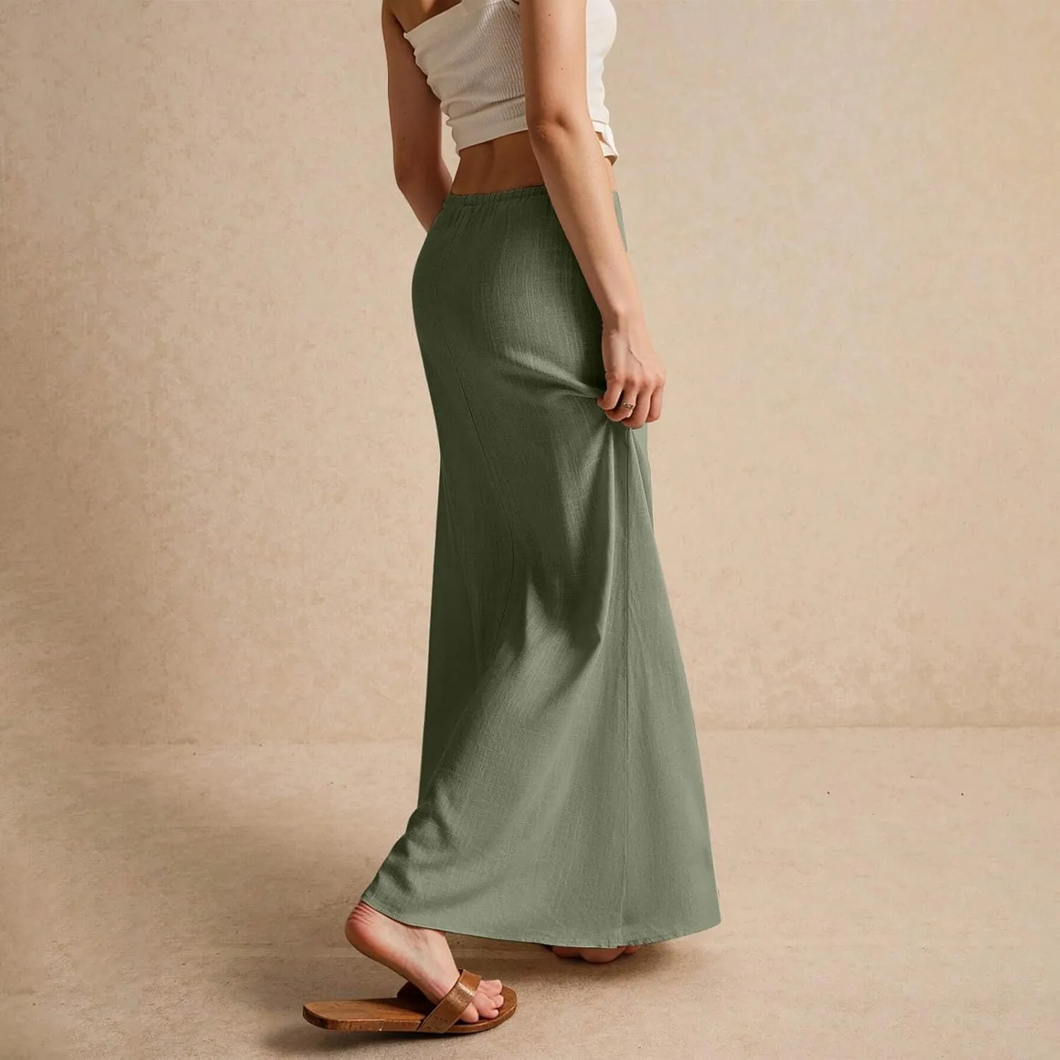 Womens Linen Maxi Skirt Elastic High Waist Swing Tiered A-line Flowy Pleated Beach Vacation Long Skirts