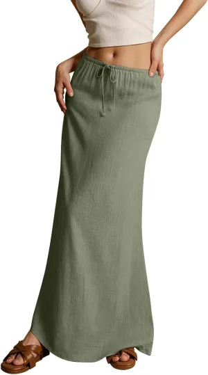 Womens Linen Maxi Skirt Elastic High Waist Swing Tiered A-line Flowy Pleated Beach Vacation Long Skirts
