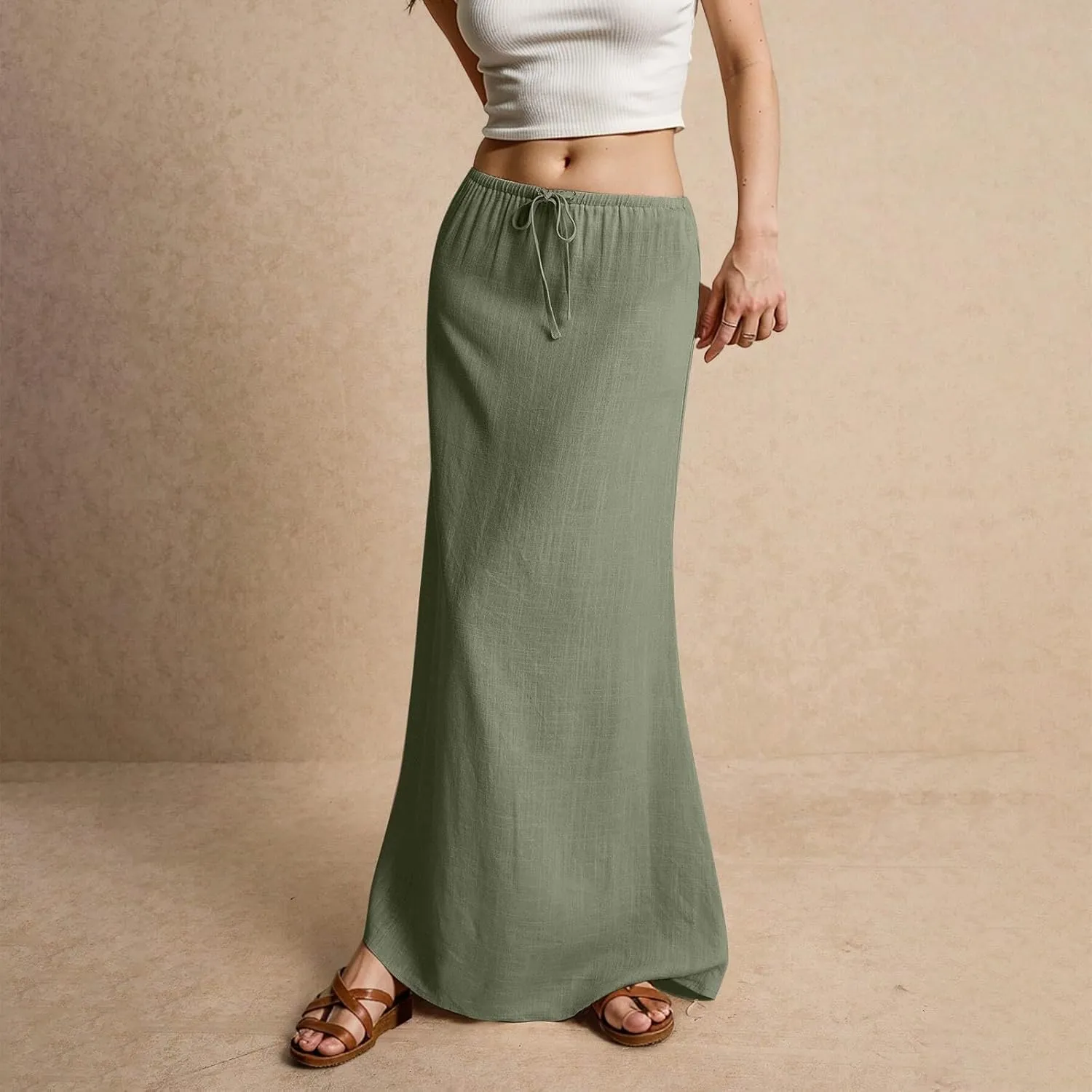 Womens Linen Maxi Skirt Elastic High Waist Swing Tiered A-line Flowy Pleated Beach Vacation Long Skirts