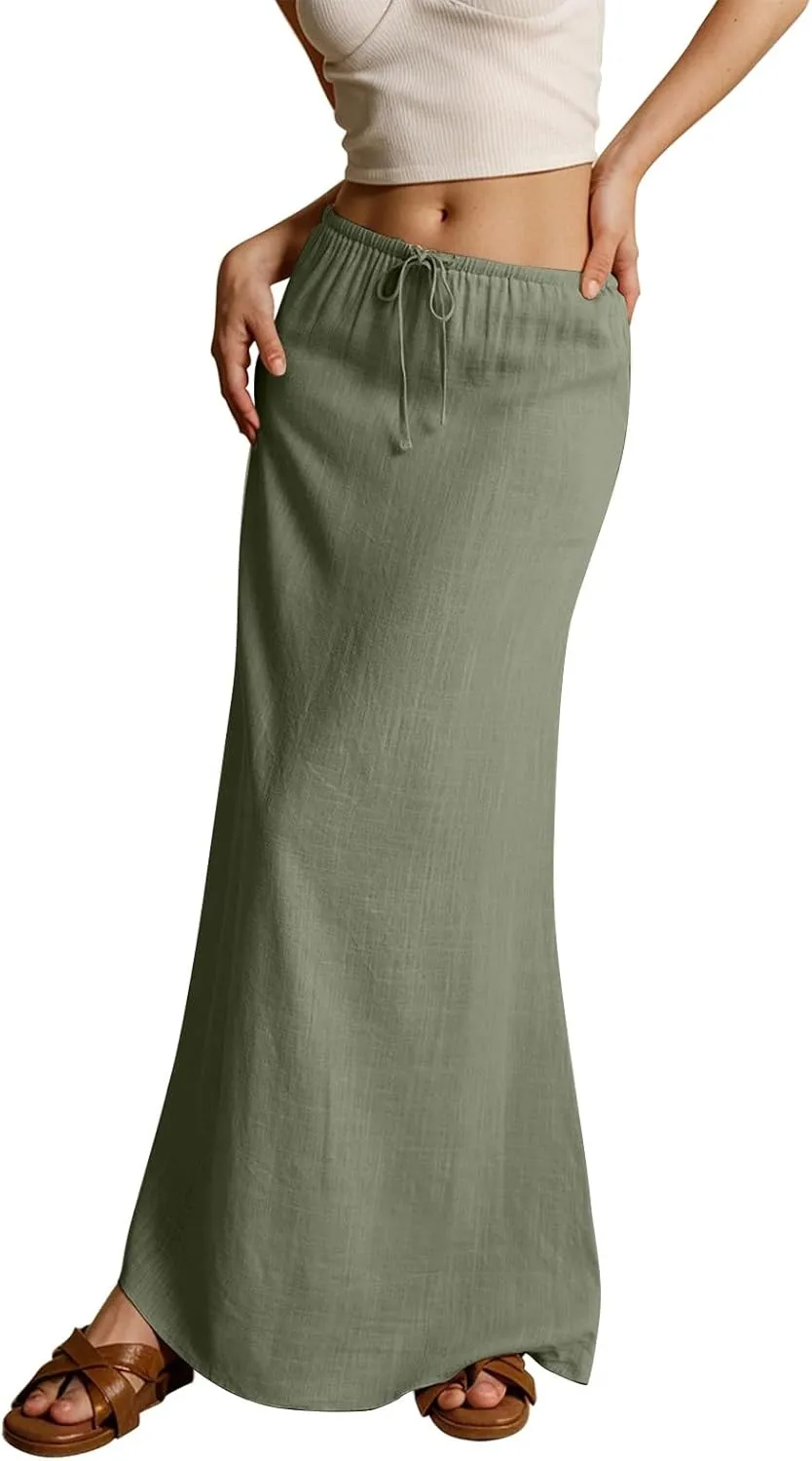 Womens Linen Maxi Skirt Elastic High Waist Swing Tiered A-line Flowy Pleated Beach Vacation Long Skirts