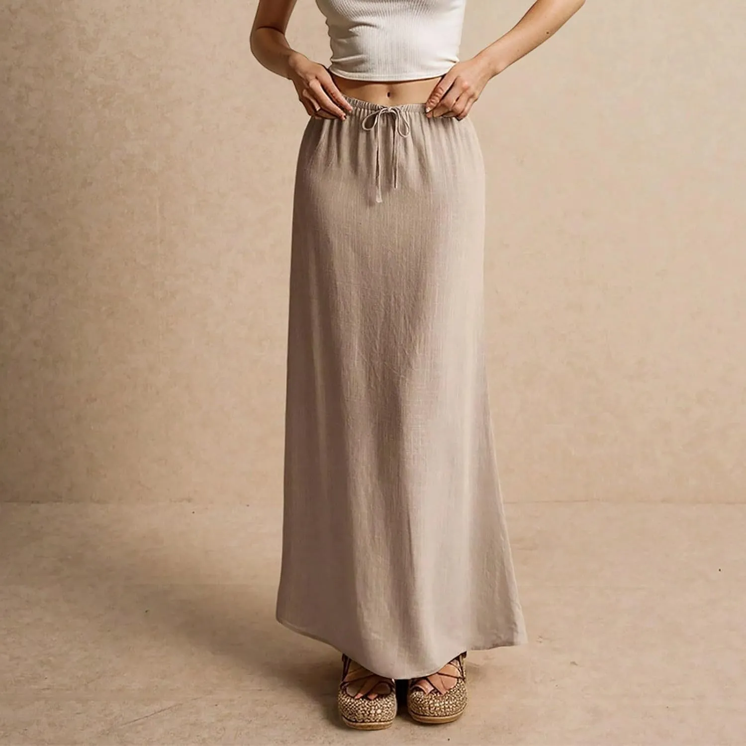 Womens Linen Maxi Skirt Elastic High Waist Swing Tiered A-line Flowy Pleated Beach Vacation Long Skirts
