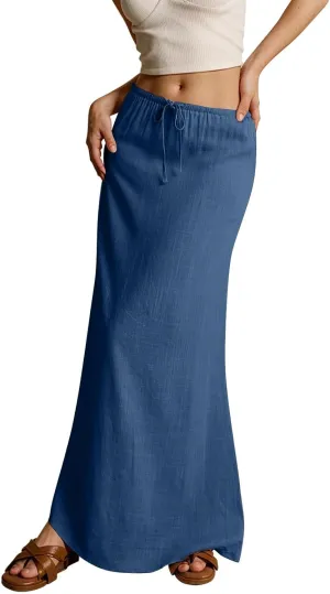 Womens Linen Maxi Skirt Elastic High Waist Swing Tiered A-line Flowy Pleated Beach Vacation Long Skirts