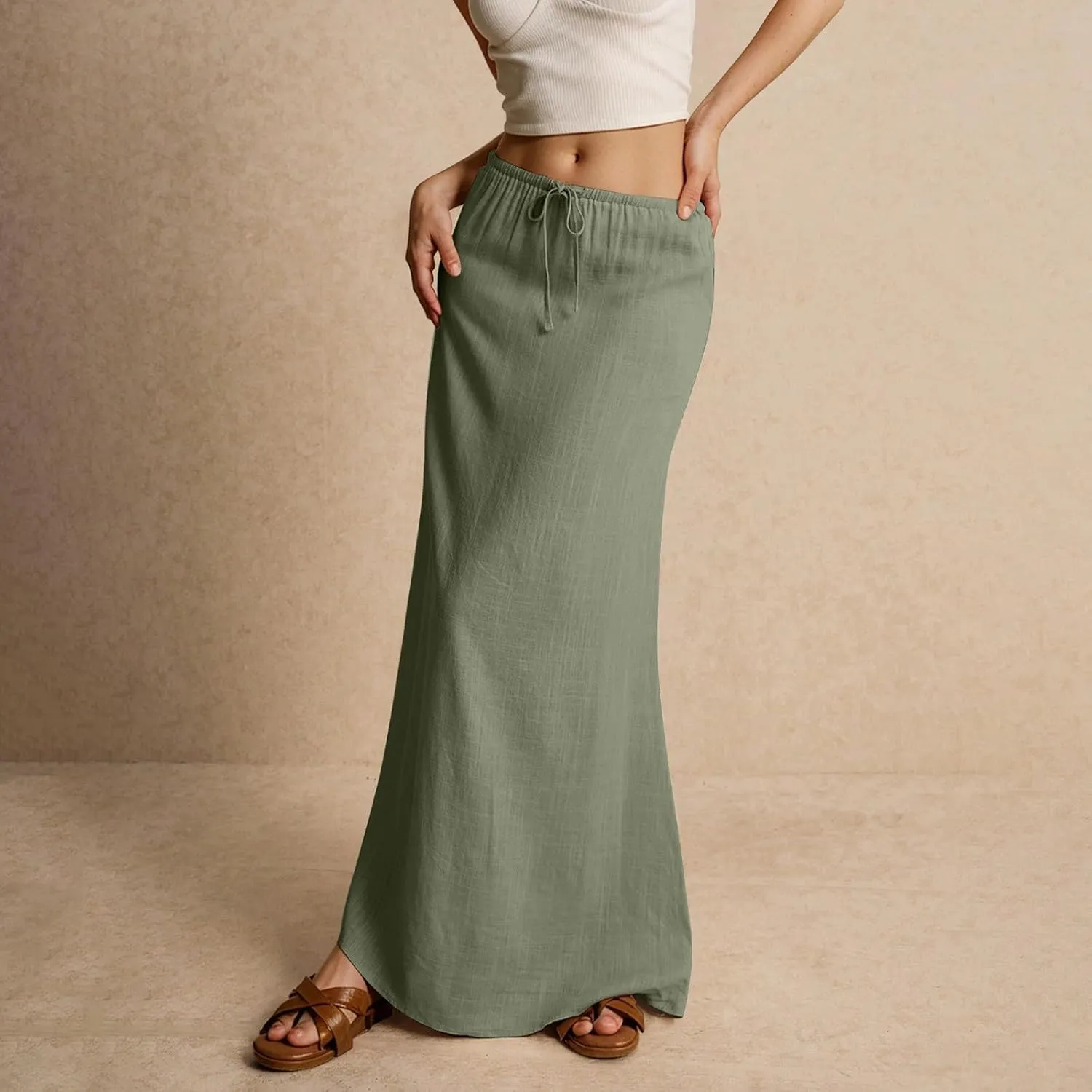 Womens Linen Maxi Skirt Elastic High Waist Swing Tiered A-line Flowy Pleated Beach Vacation Long Skirts