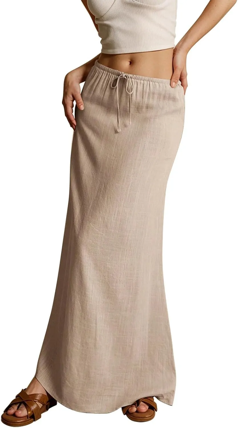 Womens Linen Maxi Skirt Elastic High Waist Swing Tiered A-line Flowy Pleated Beach Vacation Long Skirts