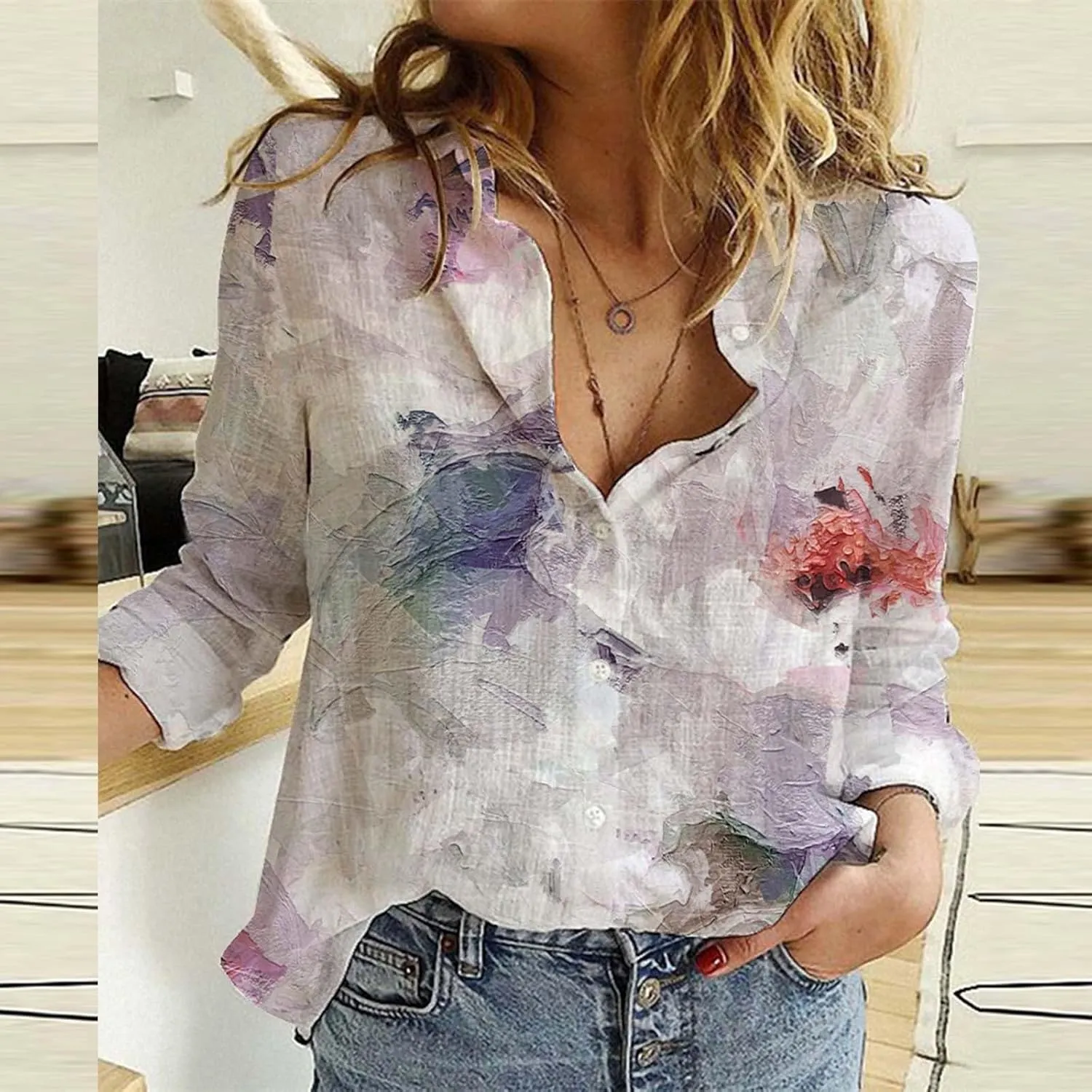 Womens Linen Shirts Casual Loose Floral Printed Button Down Shirts Long Sleeve Lightweight Beach Summer Tops Blouses