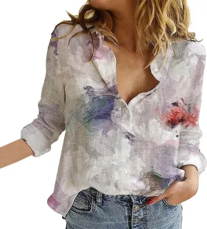 Womens Linen Shirts Casual Loose Floral Printed Button Down Shirts Long Sleeve Lightweight Beach Summer Tops Blouses