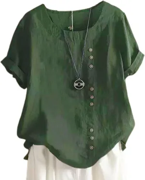 Womens Linen Tops Crew Neck Short Sleeve T Shirts Plus Size Summer Tops Button Down Blouses Fashion Tee Shirts
