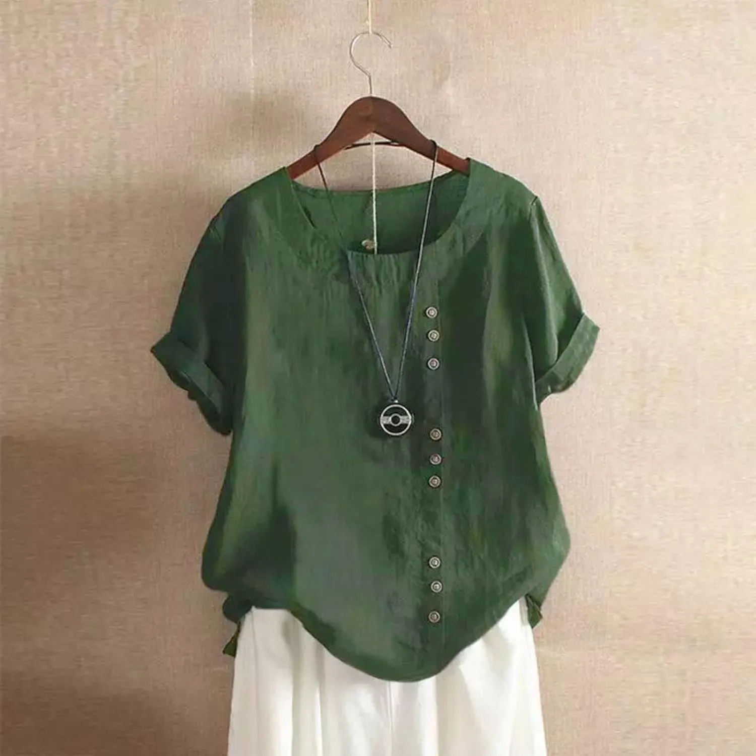 Womens Linen Tops Crew Neck Short Sleeve T Shirts Plus Size Summer Tops Button Down Blouses Fashion Tee Shirts