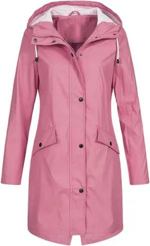 Women's Long Raincoat Plus Size Zip Up Utility Jacket Hoodie Button Down Rain Jacket Waterproof Windproof Outerwear