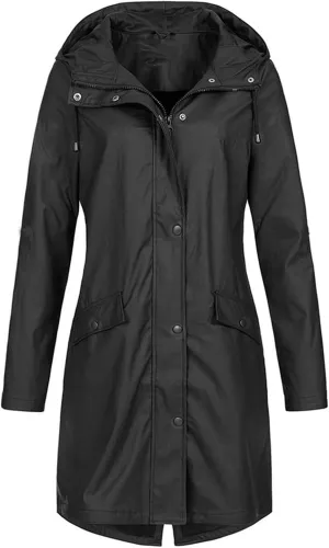 Women's Long Raincoat Plus Size Zip Up Utility Jacket Hoodie Button Down Rain Jacket Waterproof Windproof Outerwear