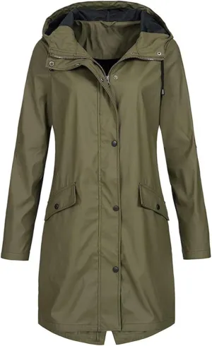 Women's Long Raincoat Plus Size Zip Up Utility Jacket Hoodie Button Down Rain Jacket Waterproof Windproof Outerwear