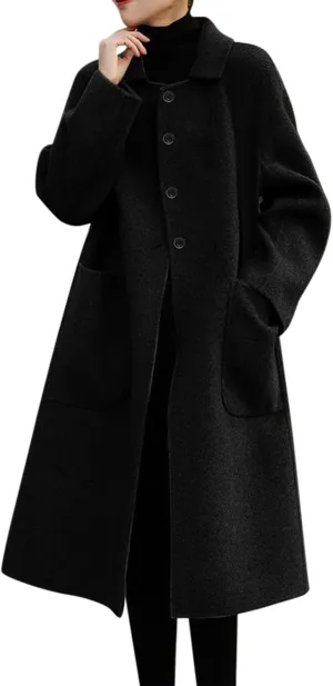 Women's Long Sleeve Button Down Faux Wool Blends Thin Jacket Coat Slim Fit Warm Long Overcoat Womens Winter Coats (Black, XXL)