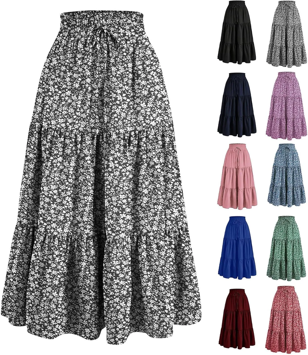 Womens Maxi Skirt Drawstring High Waisted Summer Long Skirts Lightweight Tiered Flowy Floral Pleated Skirts w/Pockets
