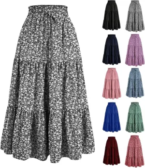 Womens Maxi Skirt Drawstring High Waisted Summer Long Skirts Lightweight Tiered Flowy Floral Pleated Skirts w/Pockets