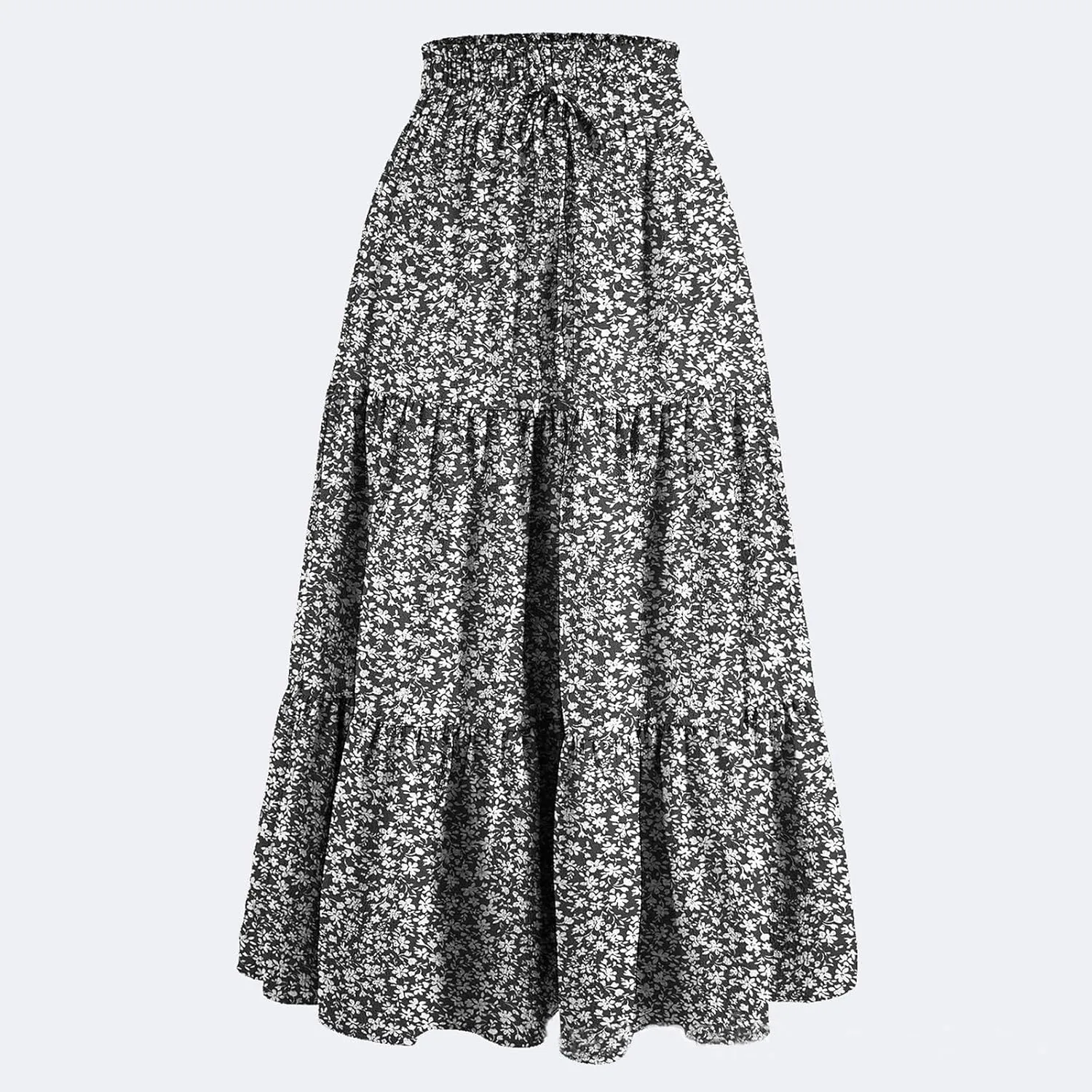 Womens Maxi Skirt Drawstring High Waisted Summer Long Skirts Lightweight Tiered Flowy Floral Pleated Skirts w/Pockets