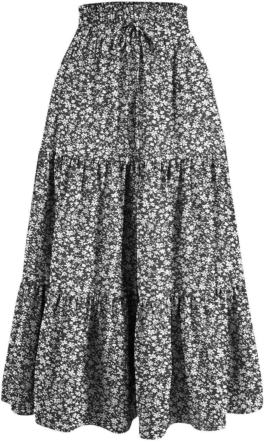 Womens Maxi Skirt Drawstring High Waisted Summer Long Skirts Lightweight Tiered Flowy Floral Pleated Skirts w/Pockets