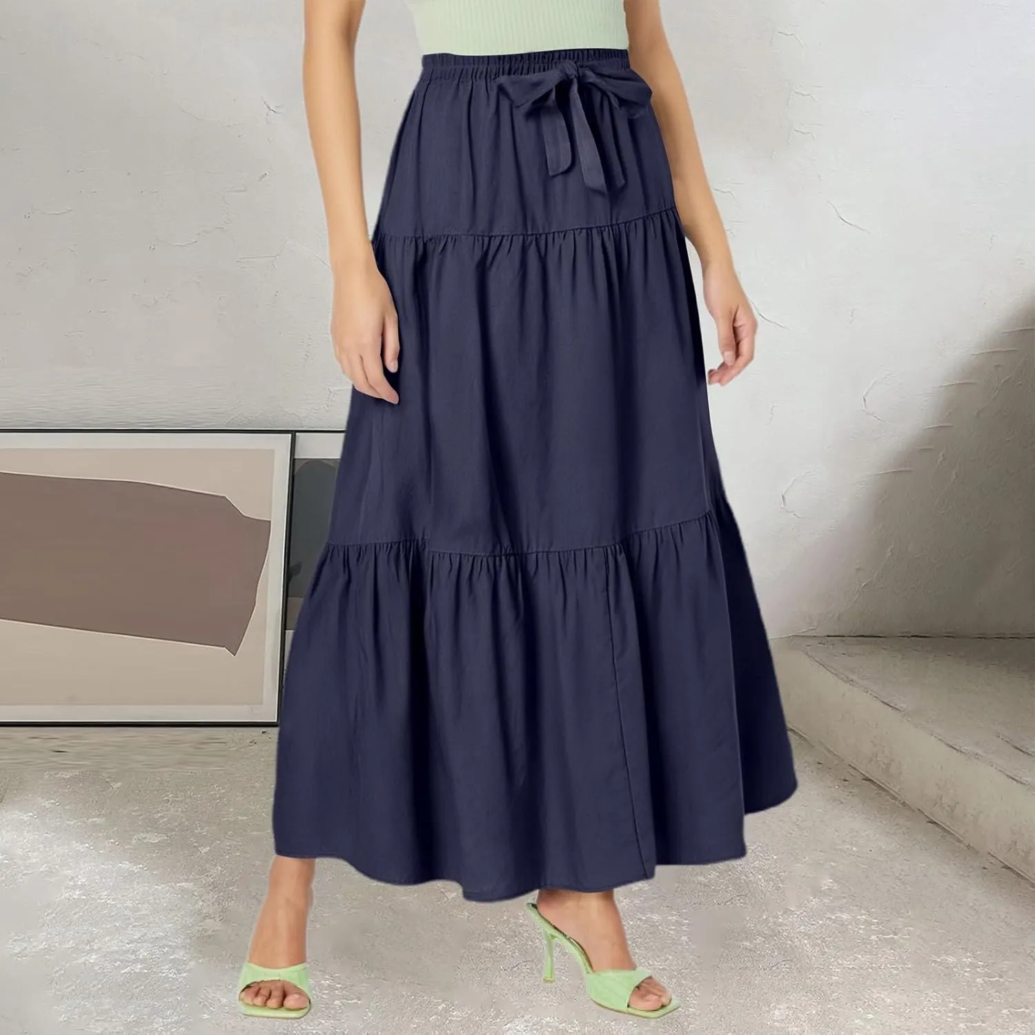 Womens Maxi Skirt High Waisted Elastic Tiered Flowy A-Line Ruffle with Pockets Beach Vacation Casual Comfy Dress