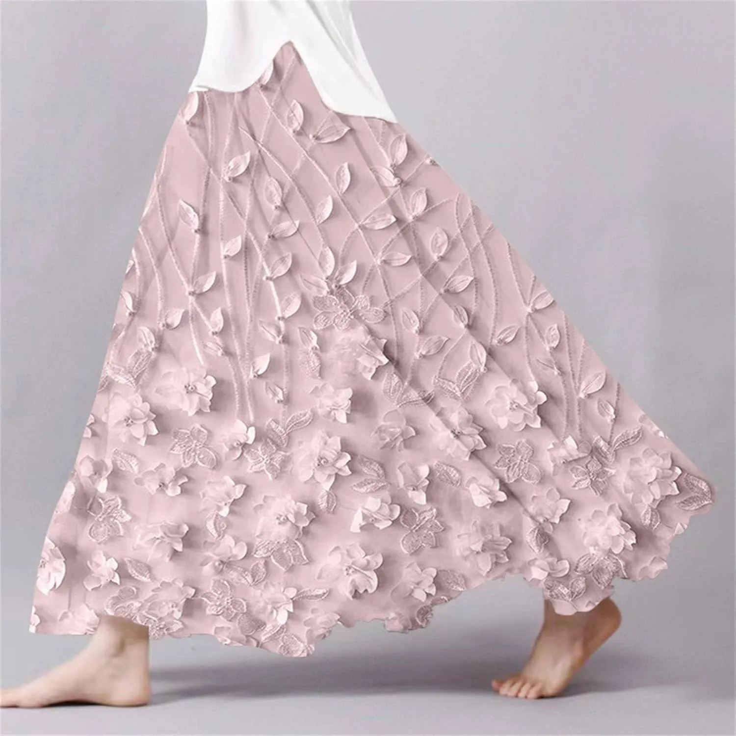 Womens Maxi Skirt Summer Floral Embroidered Lace Printed Boho Easter Long Skirts Flowy Tiered Beach Vacation Dress