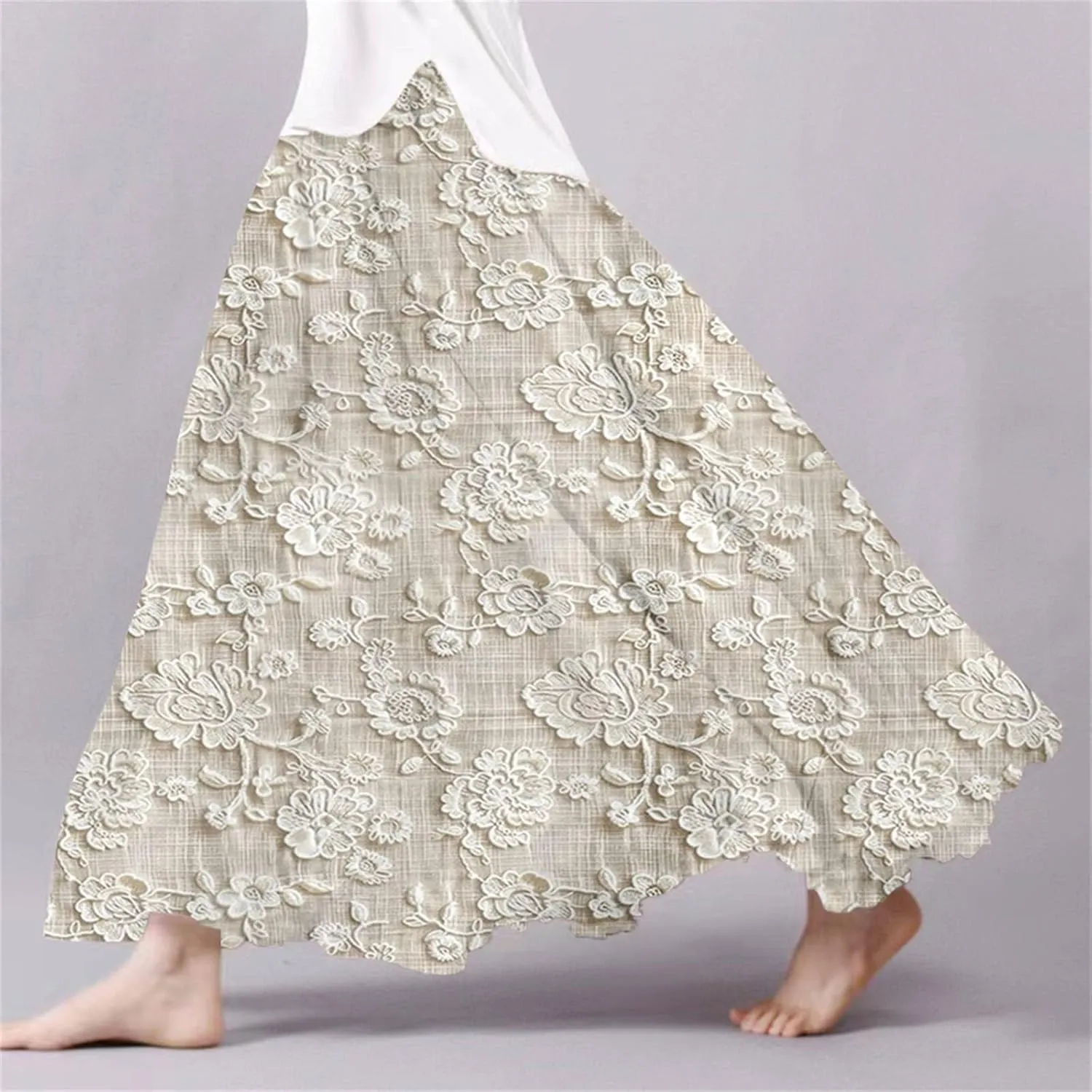 Womens Maxi Skirt Summer Floral Embroidered Lace Printed Boho Easter Long Skirts Flowy Tiered Beach Vacation Dress
