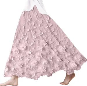 Womens Maxi Skirt Summer Floral Embroidered Lace Printed Boho Easter Long Skirts Flowy Tiered Beach Vacation Dress