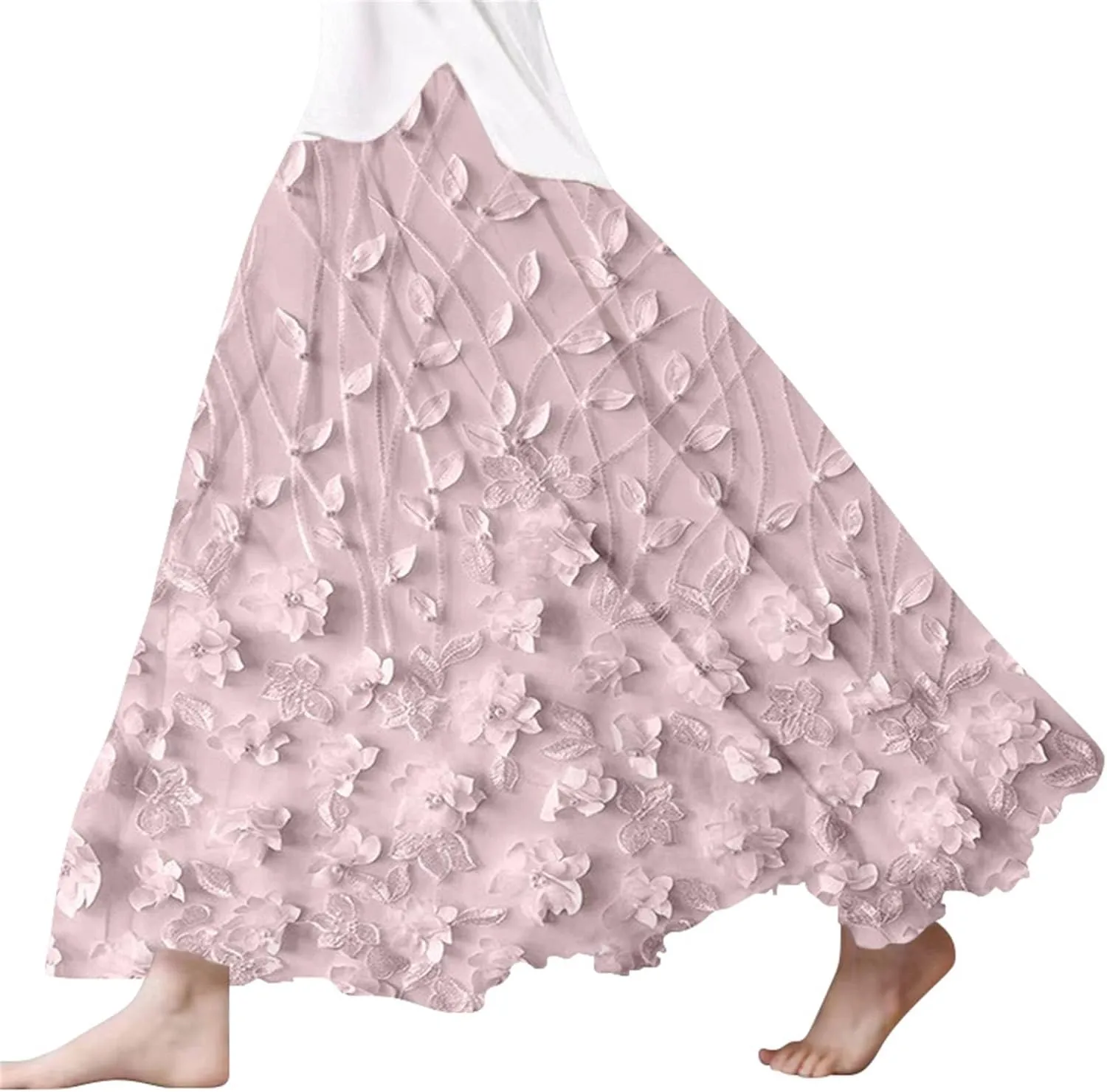Womens Maxi Skirt Summer Floral Embroidered Lace Printed Boho Easter Long Skirts Flowy Tiered Beach Vacation Dress