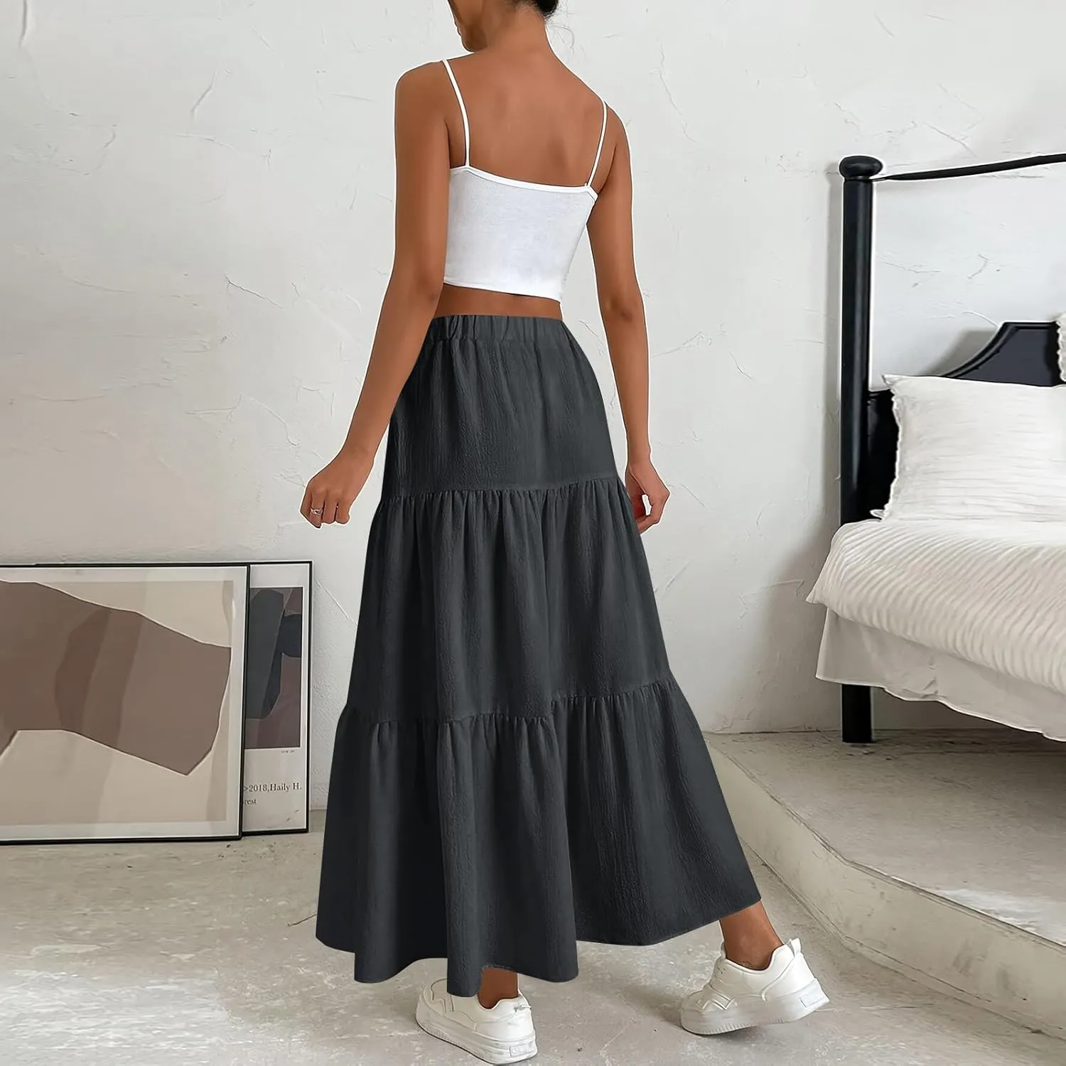 Womens Maxi Skirt Summer Layered Tiered Elastic Skirts for Work Pleated A Line Skirt Flowy Long Skirts Flowy (S-2Xl)