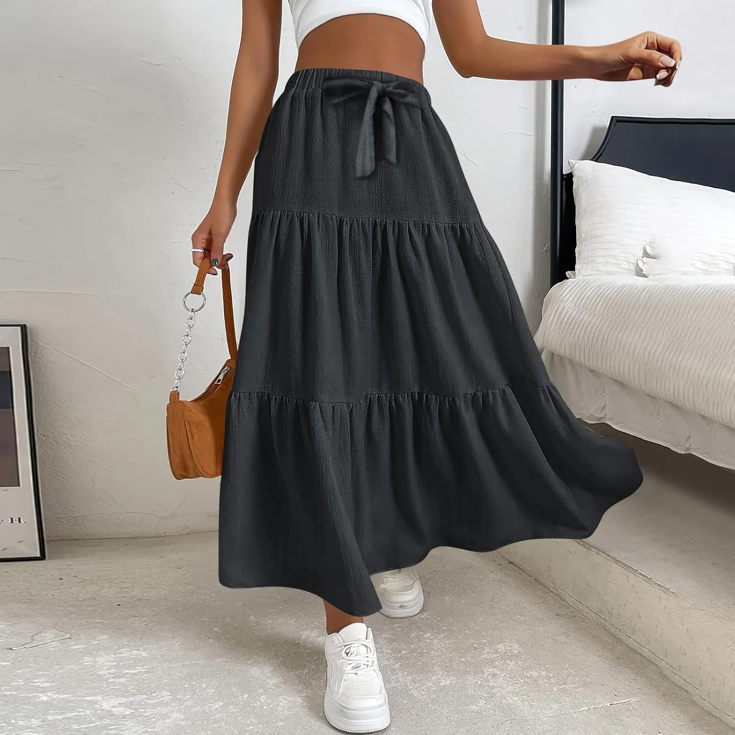 Womens Maxi Skirt Summer Layered Tiered Elastic Skirts for Work Pleated A Line Skirt Flowy Long Skirts Flowy (S-2Xl)