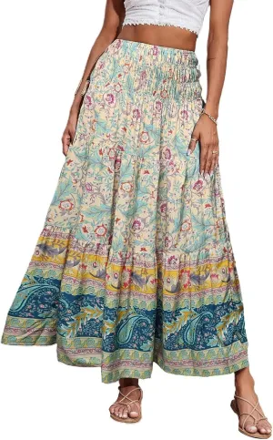 Women's Maxi Skirts Summer Tiered Drawstring Elastic High Waisted Skirt Pleated Aline Skirt Casual Flowy Long Skirt