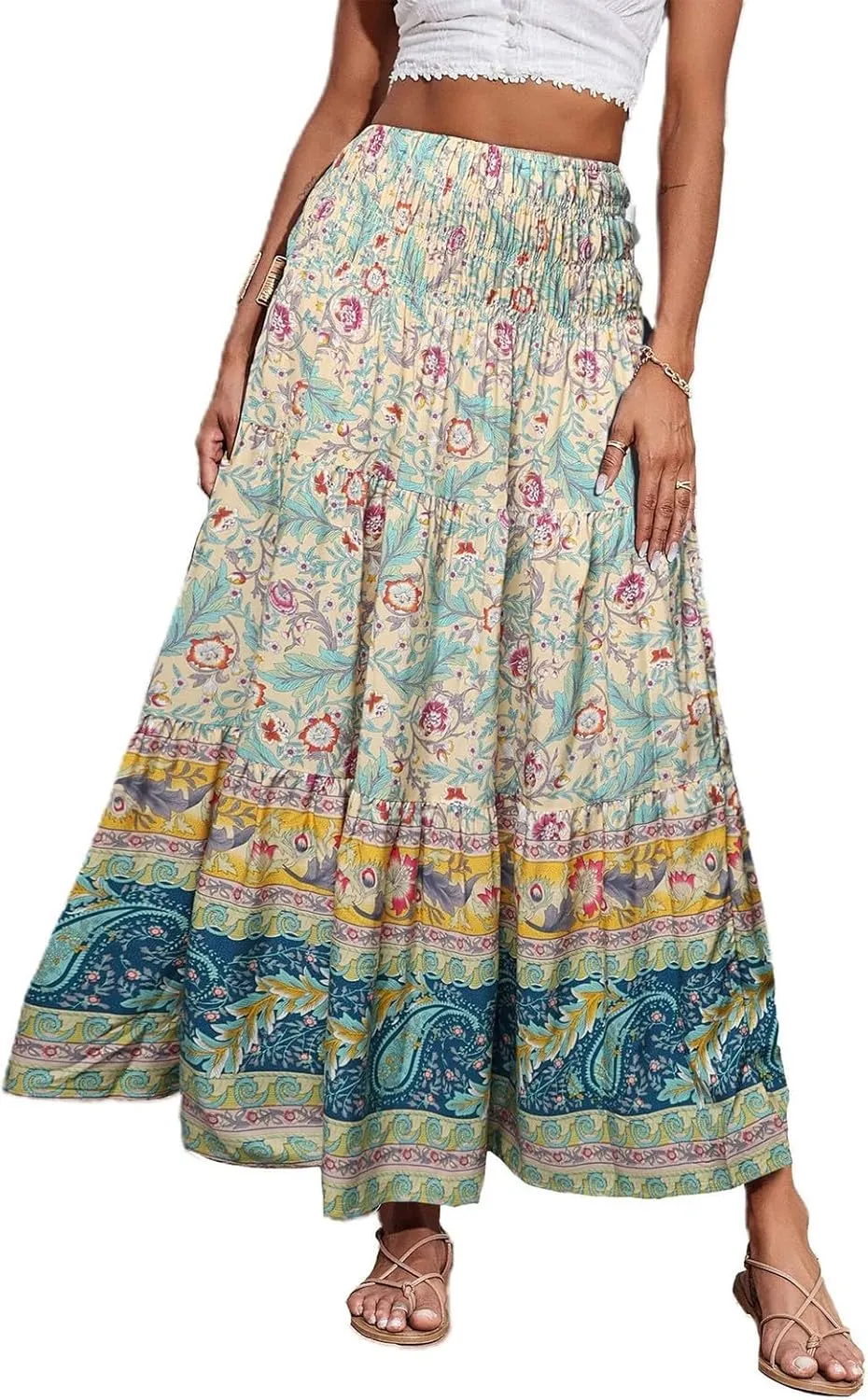 Women's Maxi Skirts Summer Tiered Drawstring Elastic High Waisted Skirt Pleated Aline Skirt Casual Flowy Long Skirt