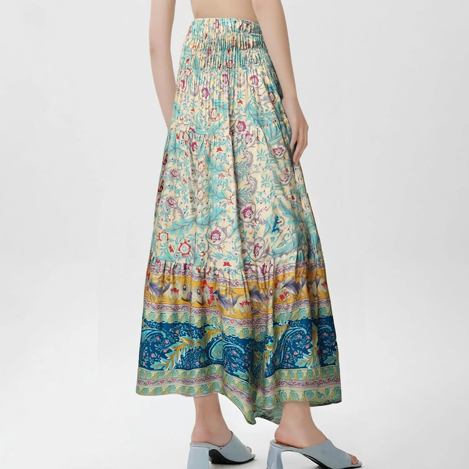 Women's Maxi Skirts Summer Tiered Drawstring Elastic High Waisted Skirt Pleated Aline Skirt Casual Flowy Long Skirt