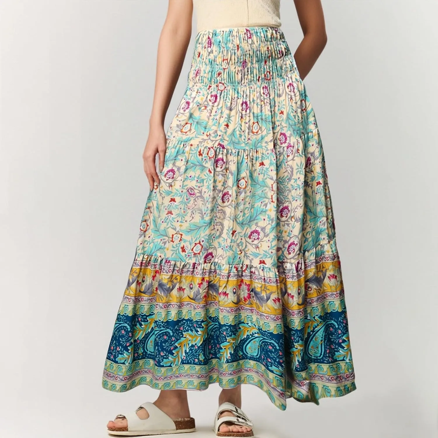 Women's Maxi Skirts Summer Tiered Drawstring Elastic High Waisted Skirt Pleated Aline Skirt Casual Flowy Long Skirt