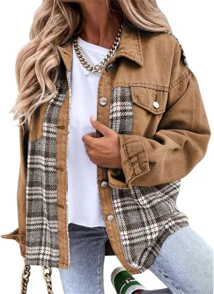 Women's Oversized Denim Jacket Long Sleeve Button Down Plaid Shacket Casual Boyfriend Jean Jacket Fall Clothes 2024
