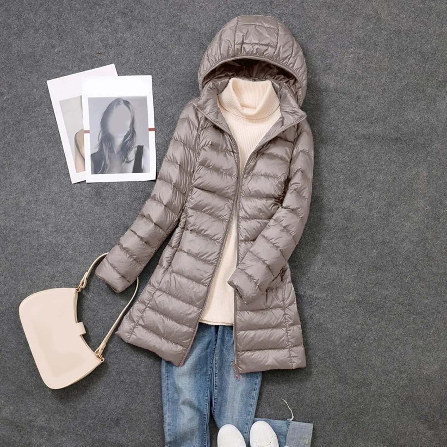 Women's Packable Puffer Coat Lightweight Warm Long Sleeve Down Jacket with Removable Hood Winter Casual Going Out Coats